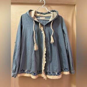 Boho Embroidered Chambray Hooded Jacket Women’s L Cottagecore Lace Trim